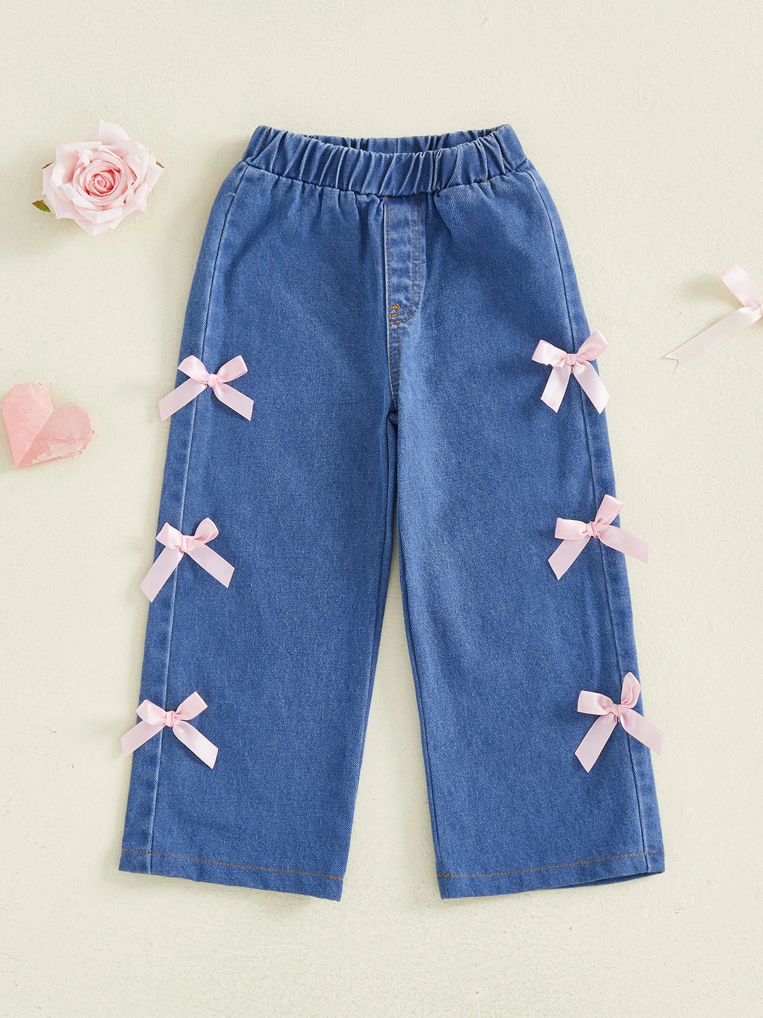 Girls Elastic Waist Denim Jeans with 3D Bow Detailing and Wide Leg Design for Stylish Summer and Fall Looks