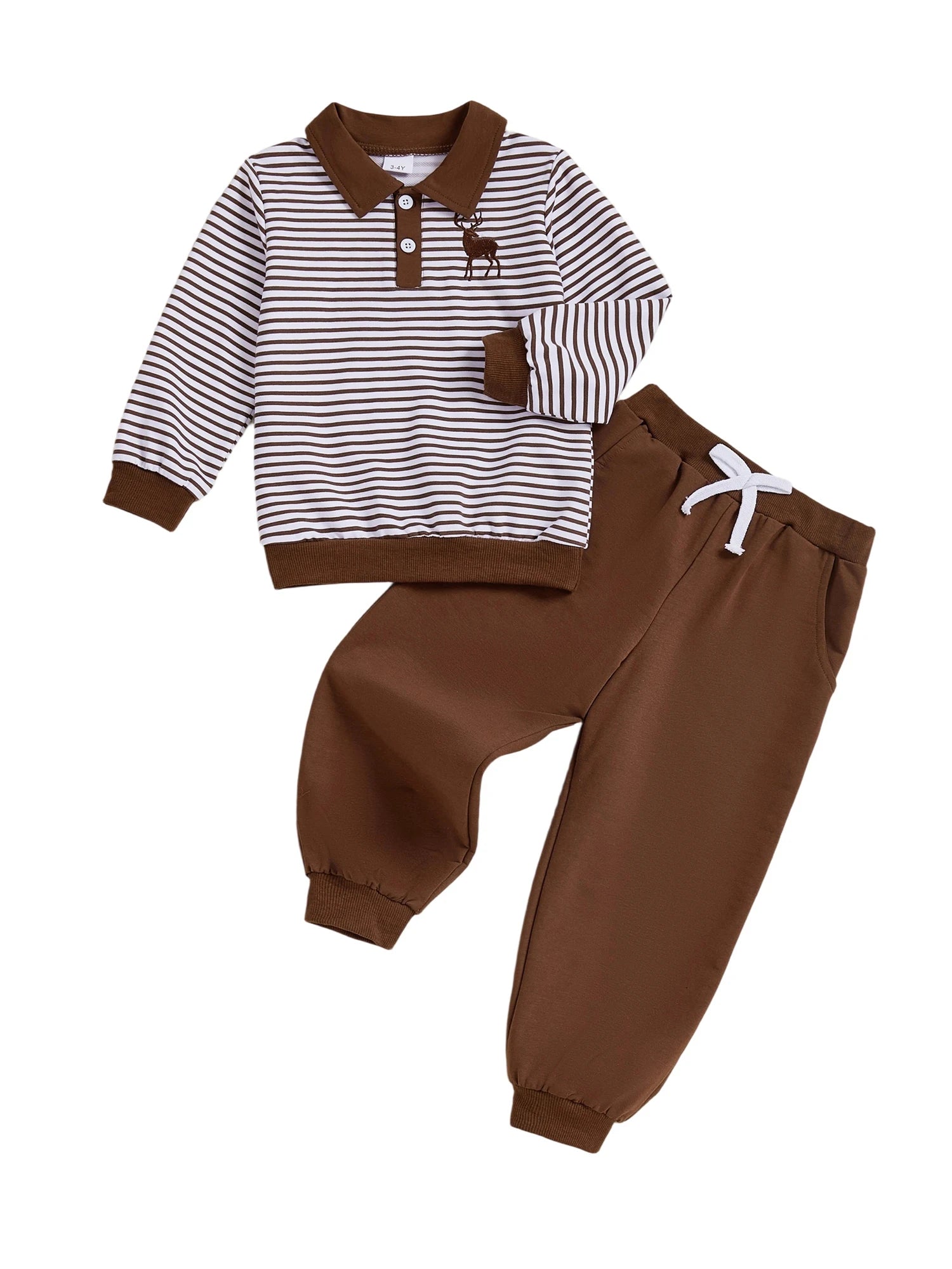 Boys Winter 2Pcs Outfits Long Sleeve Lapel Reindeer Embroidery Plaid Tops Solid Color Trousers Sets Warm Clothing