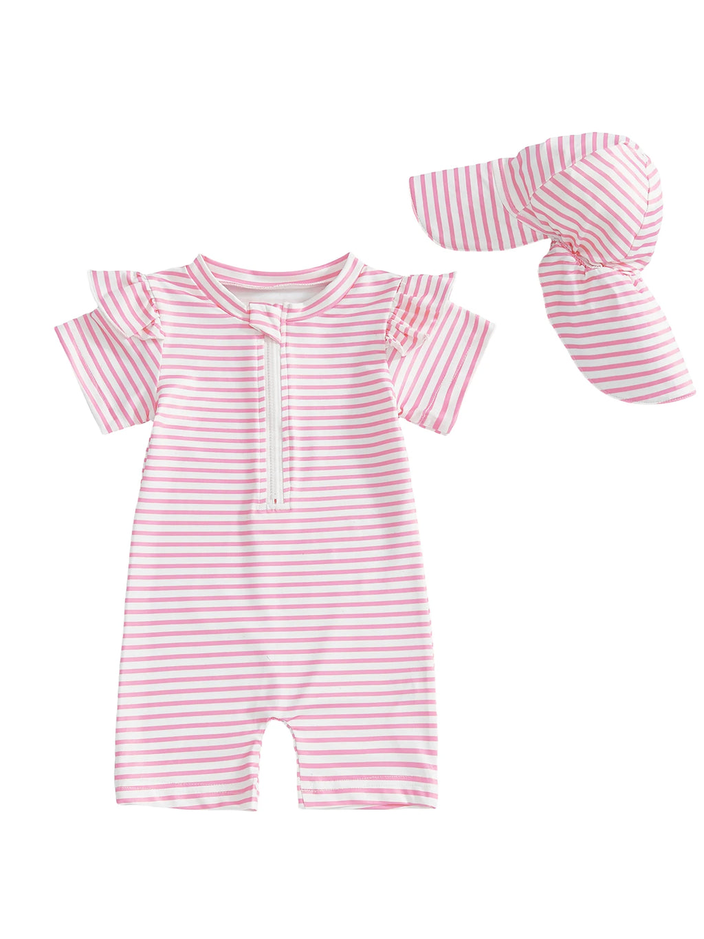 Adorable Infant Girls Bathing Suit with Matching Sun Hat 2 Piece Ensemble Featuring Striped Ruffles and Zip-Up Closure