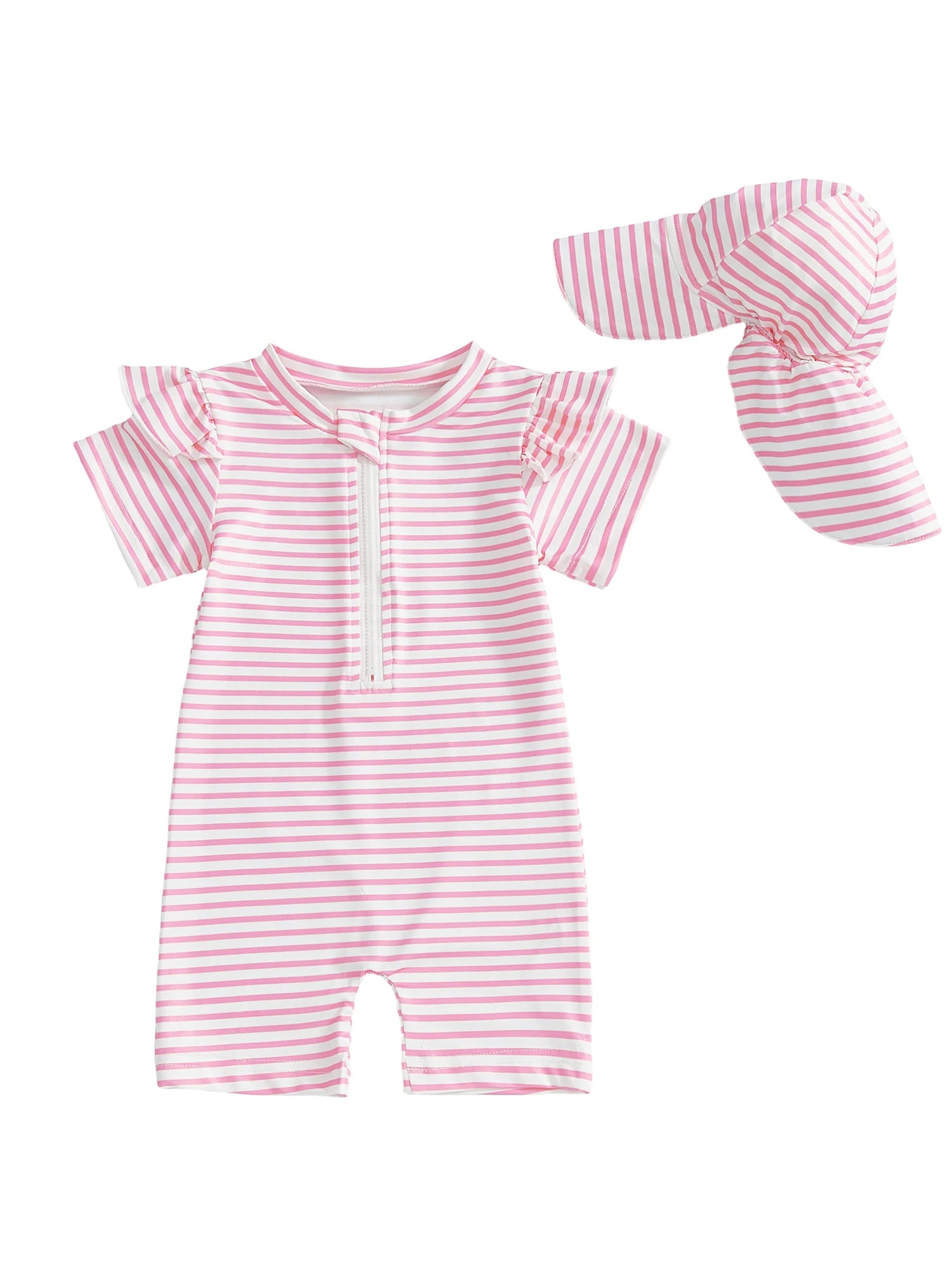 Adorable Infant Girls Bathing Suit with Matching Sun Hat 2 Piece Ensemble Featuring Striped Ruffles and Zip-Up Closure