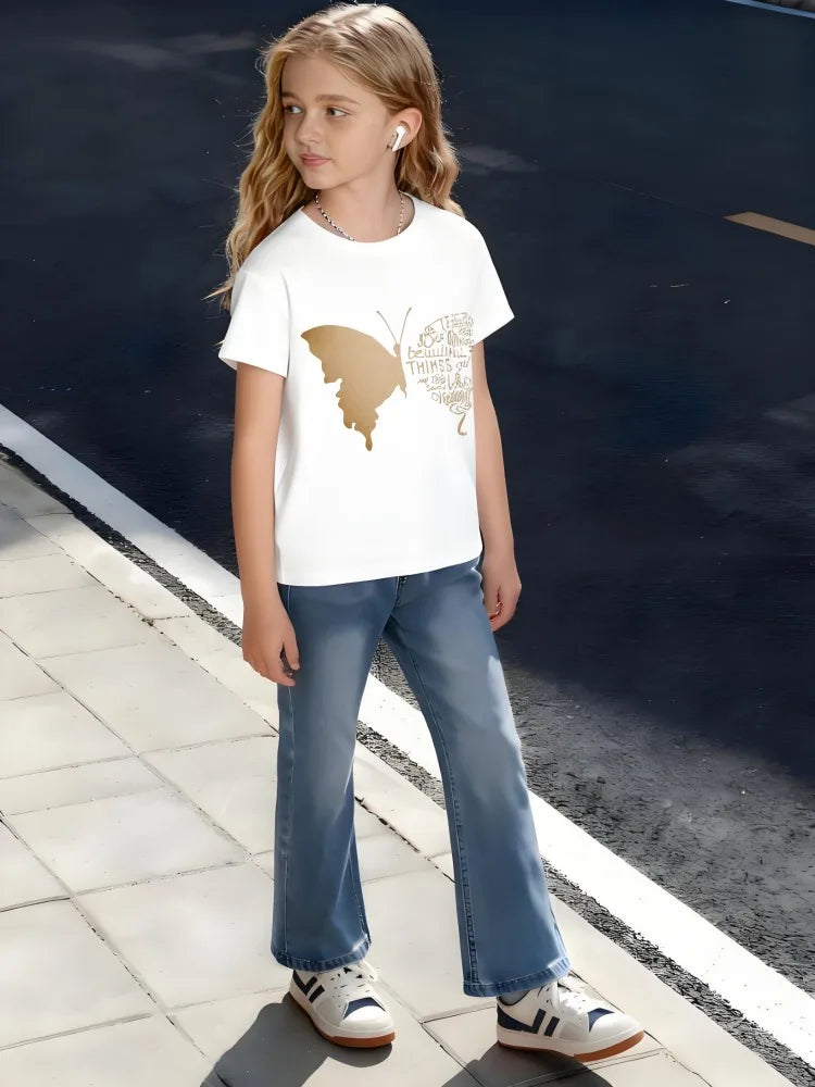Kids Children's Cotton T-Shirt Butterfly with Inspirational Words Wing Design for Boys Girls Elegant Nature Theme Outfit