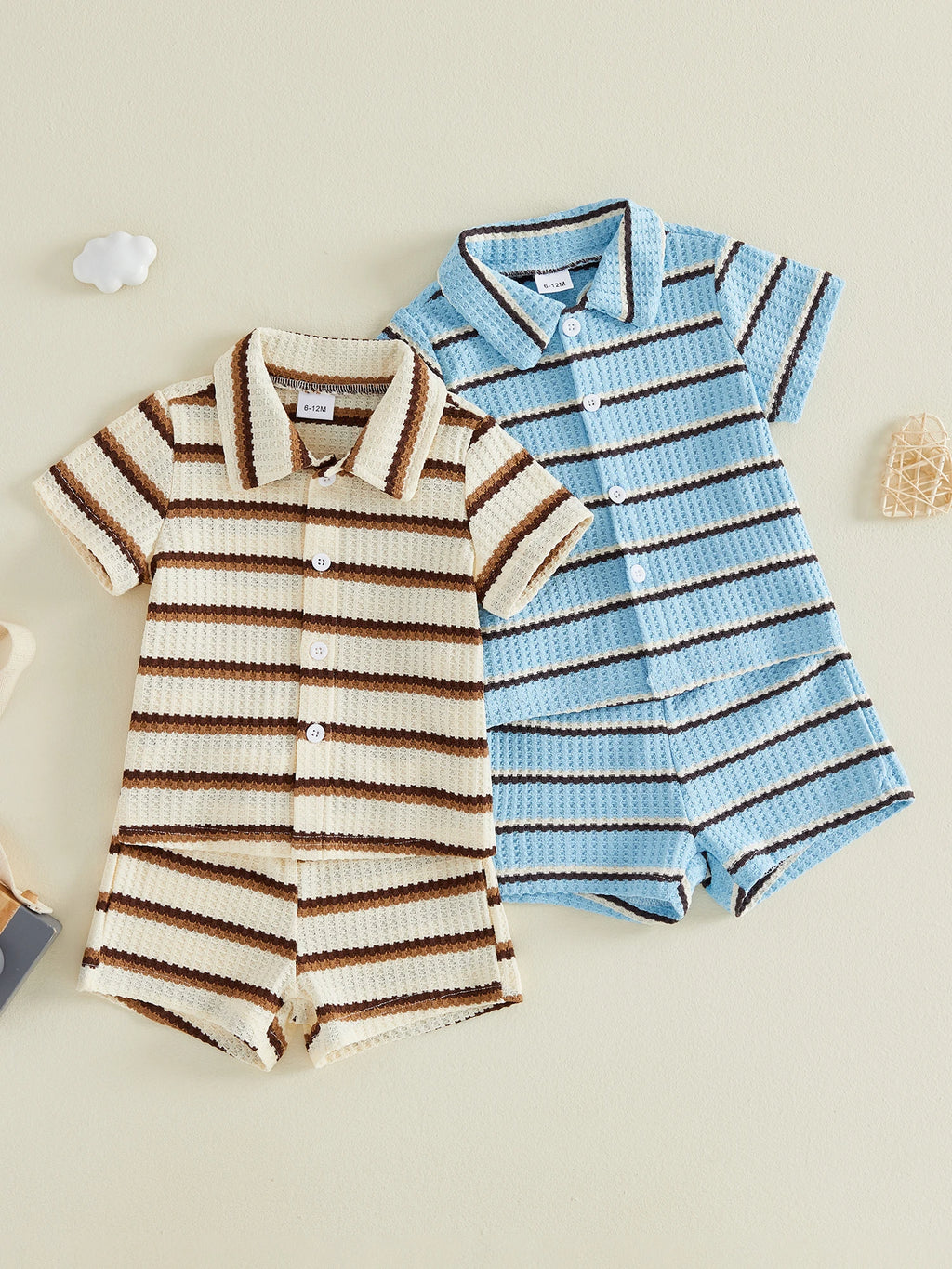 2Pcs Baby Boy Casual Wear Short Sleeve Lapel Neck Striped Print Waffle Knit Tops and Elastic Waist Shorts Set for Summer