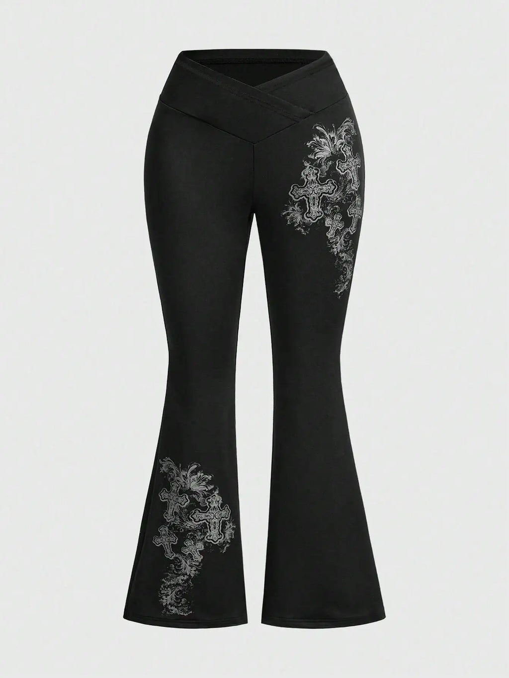Gothic Plus Size Flared Pants with Cross & Vine Print, V-Waist Design for Women