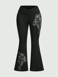 Gothic Plus Size Flared Pants with Cross & Vine Print, V-Waist Design for Women