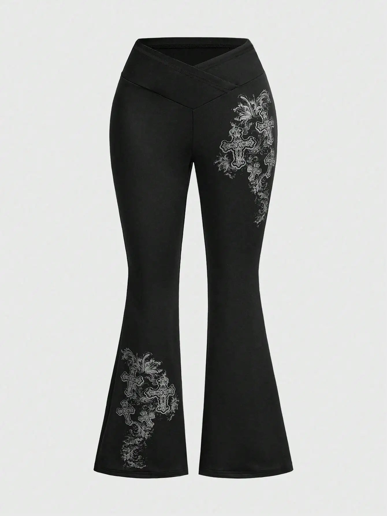 Gothic Plus Size Flared Pants with Cross & Vine Print, V-Waist Design for Women