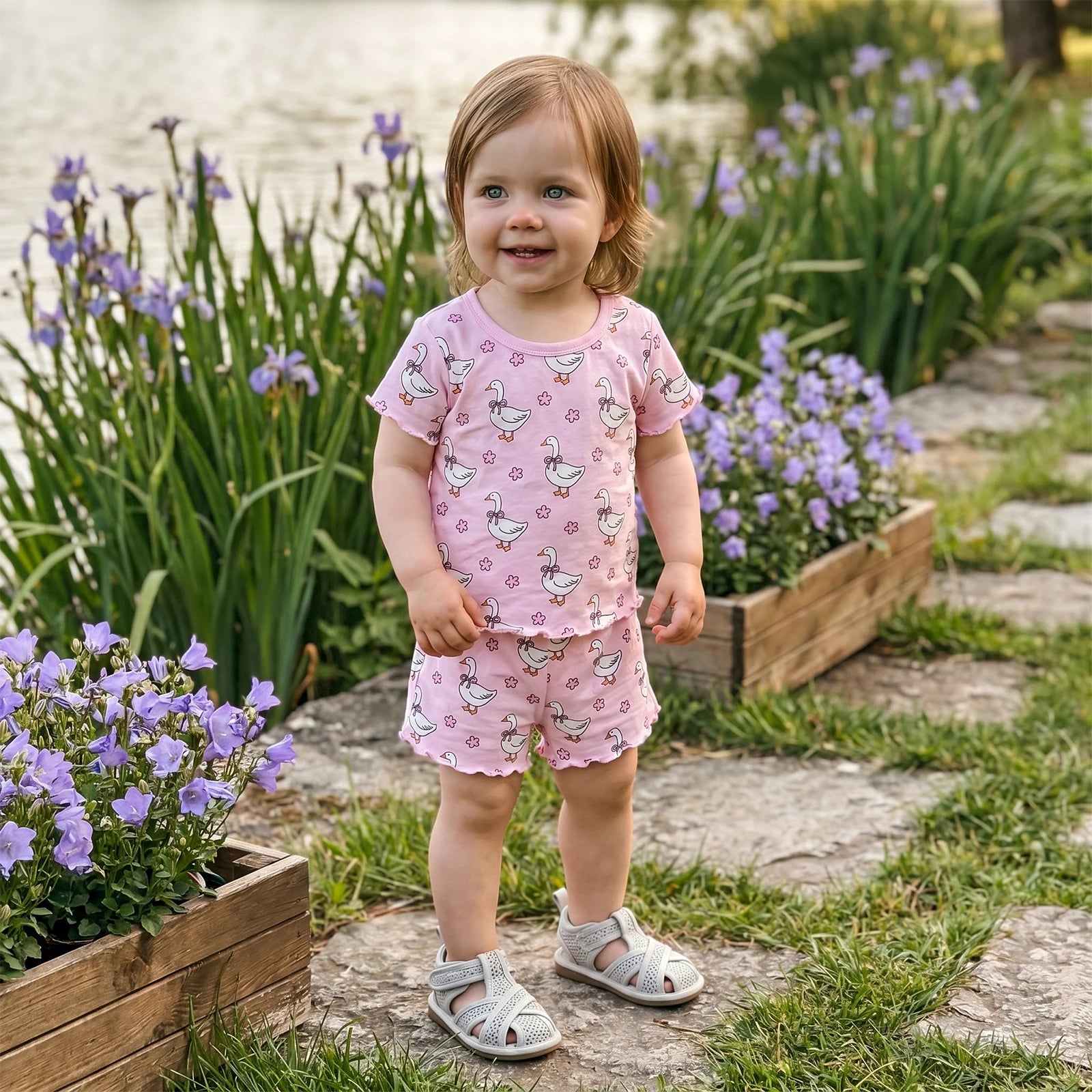 0-4Y Lovely Kids Girls Summer 2 Piece Clothes Sets Short Sleeve O Neck Floral Goose Print Tops Drawstring Shorts Sets