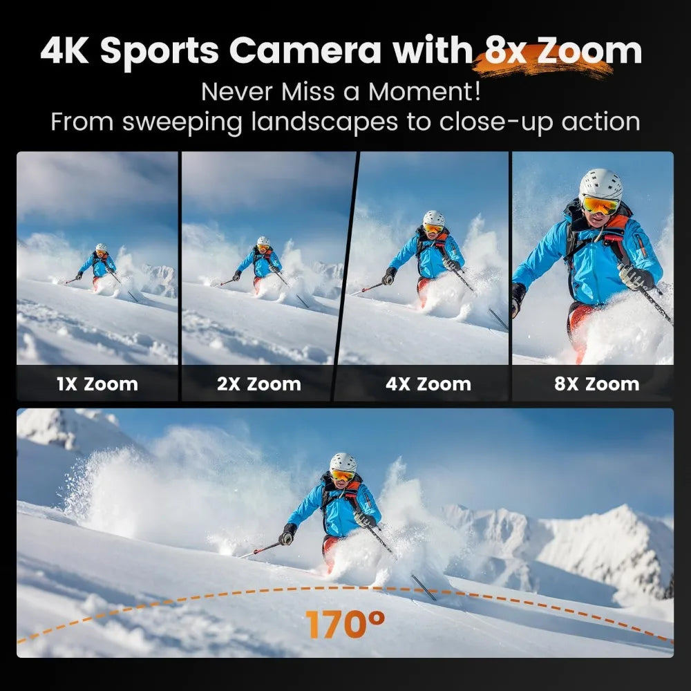4K60fps Waterproof Action Camera 10M, 48MP Touchscreen Sports Cam with 6-Axis Stabilization, 8X Zoom WiFi for Diving, Cycling