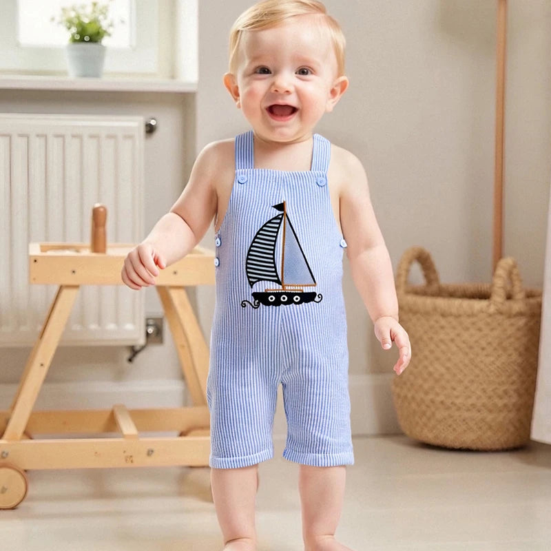 Baby Boys Sleeveless Romper with Nautical Sailboat Patch and Striped Overalls for Summer Beach Outings