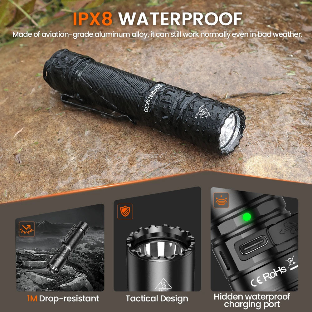 Tactical Flashlight SFT70 LED Light 6500K 21700 USB C Rechargeable Torch Double Switch