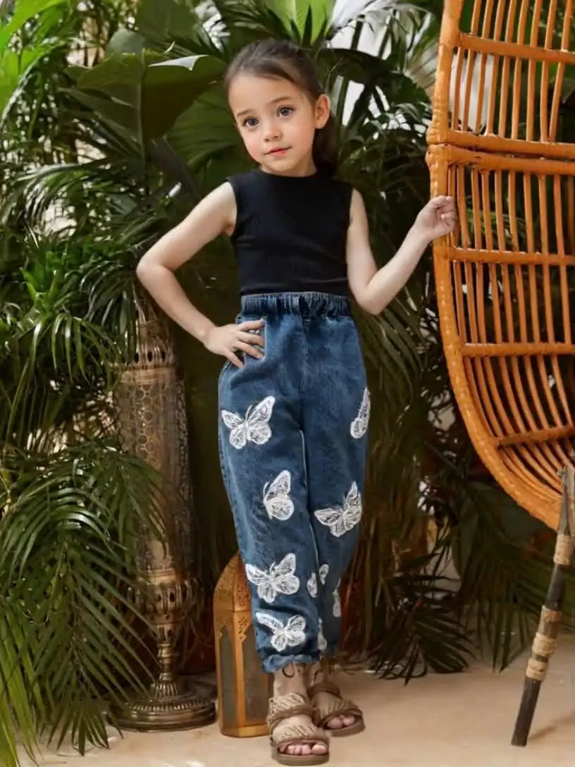 Toddler Girl Fashion Outfits, Solid Color Tank Top & Trendy Printed Jeans Set, Girl Summer Spring Clothes 1-5T
