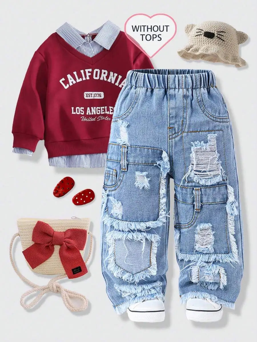 Toddler Girl Denim Pants with Crochet Flower Applique, Loose Fit Blue Jeans for Spring Fall