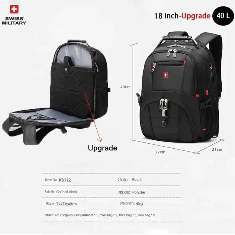 SWISS 17' Laptop Backpack Waterproof USB Charge Port Swiss-style Multifunctional Rucksack Schoolbag Mochila Hiking Travel Bag
