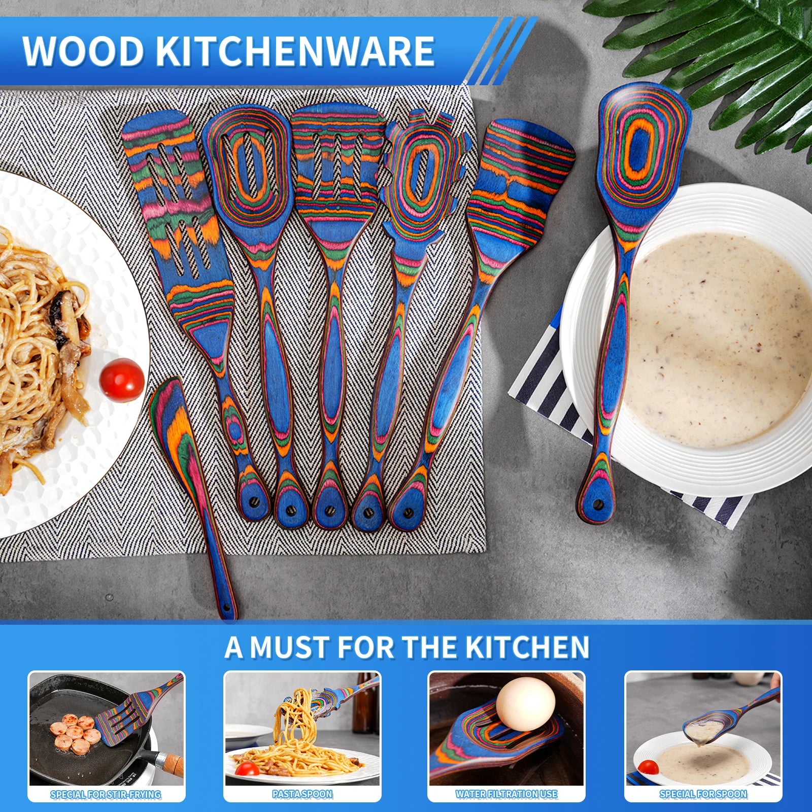 7Pcs Blue Pakkawood Wooden Cooking Utensils, Wooden Spoons For Cooking, Wooden Utensil Set.Pakkawood Utensils For Cooking.