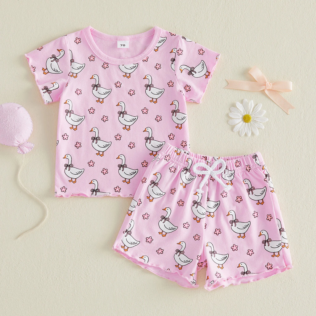 0-4Y Lovely Kids Girls Summer 2 Piece Clothes Sets Short Sleeve O Neck Floral Goose Print Tops Drawstring Shorts Sets