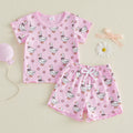 0-4Y Lovely Kids Girls Summer 2 Piece Clothes Sets Short Sleeve O Neck Floral Goose Print Tops Drawstring Shorts Sets