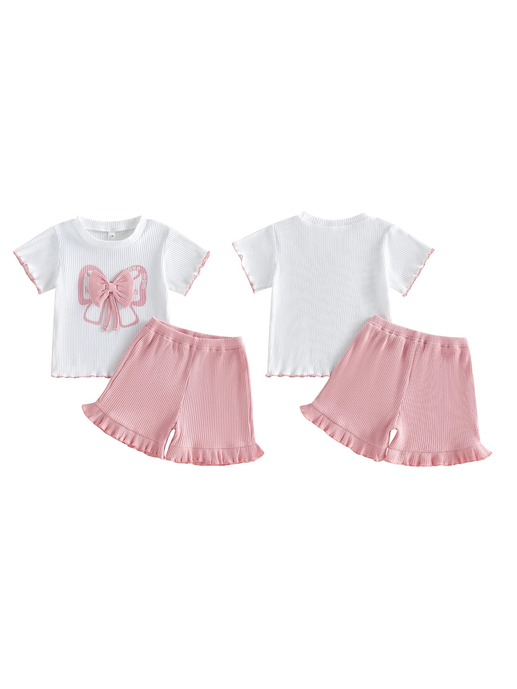 Stylish Girls 2 Piece Set with Adorable Bow Detailing Short Sleeve Top and Matching Shorts in Round Neck Design