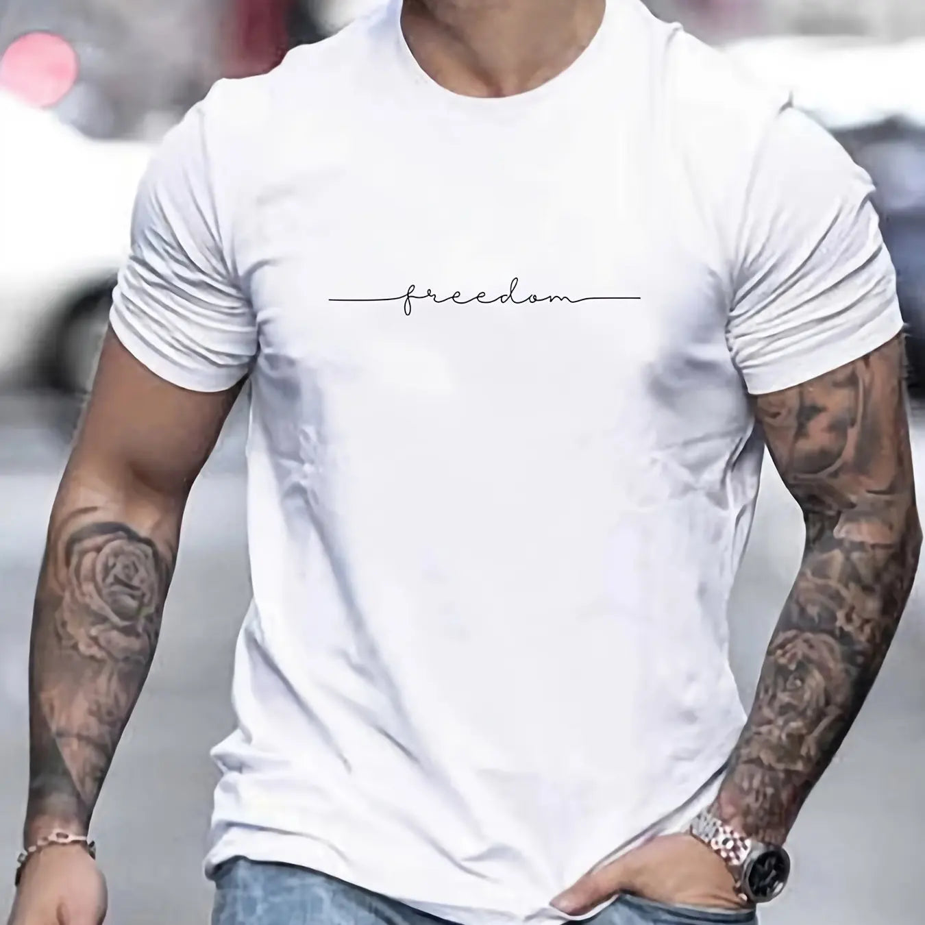 Men's Summer Loose Size 100% Cotton Freedom Graph Print Casual Slim Fit Round Neck T-shirt