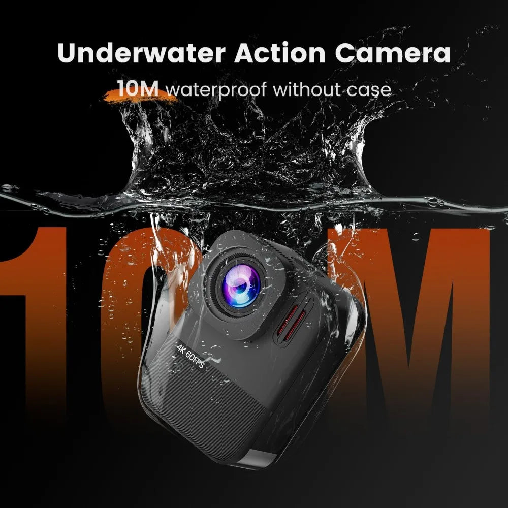 4K60fps Waterproof Action Camera 10M, 48MP Touchscreen Sports Cam with 6-Axis Stabilization, 8X Zoom WiFi for Diving, Cycling