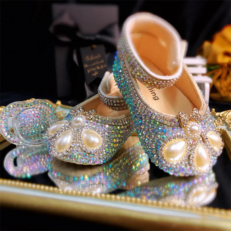 Dollbling Baby Diamonds and Pearls Custom Baby Girl Pearl Rhinestone Birthday Baptism Fancy Shoes Baby Shower Easter