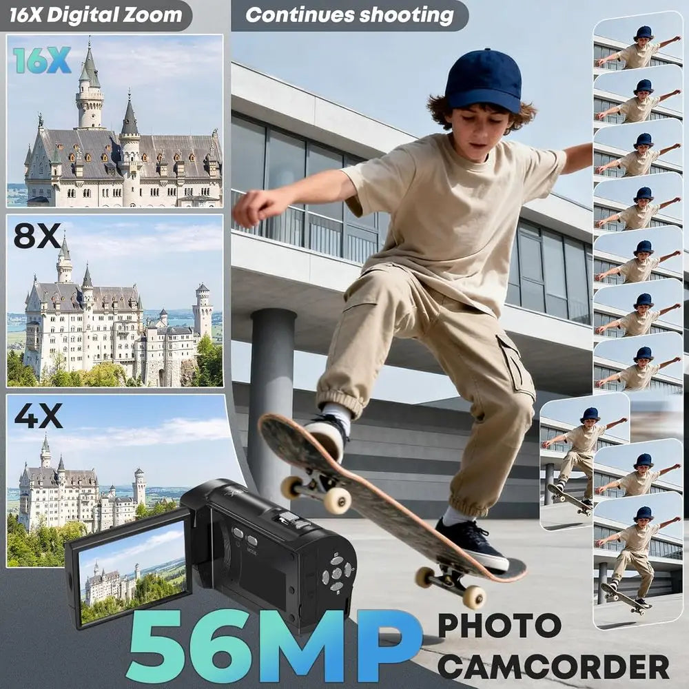 QHD 2.7K Video Camcorder with 56MP, 16X Zoom, 270° Rotation, 32GB SD Card, Dual Batteries, Recording While Charging