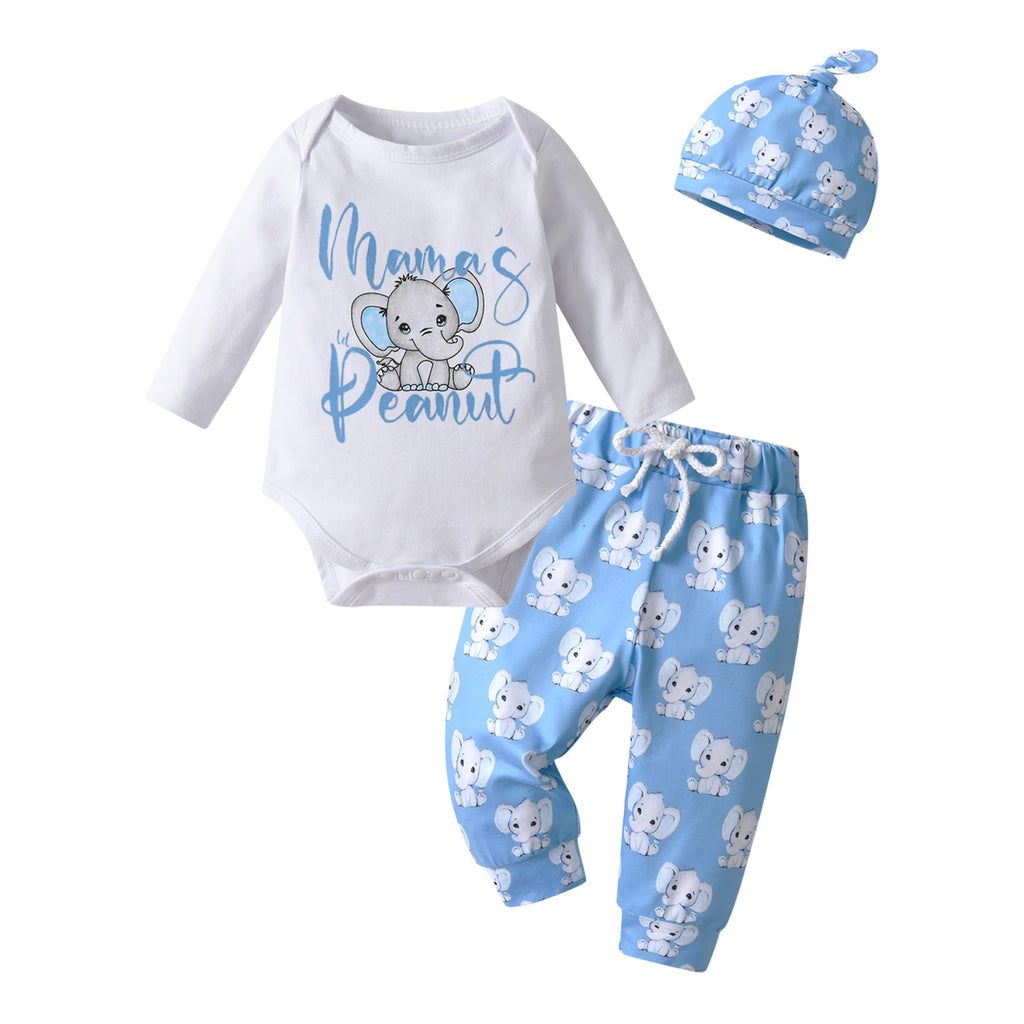 Newborn Baby Boy Clothes Infant Boys Long Sleeve Cartoon Elephant Print Romper Pants Hat 3pcs Outfits Set