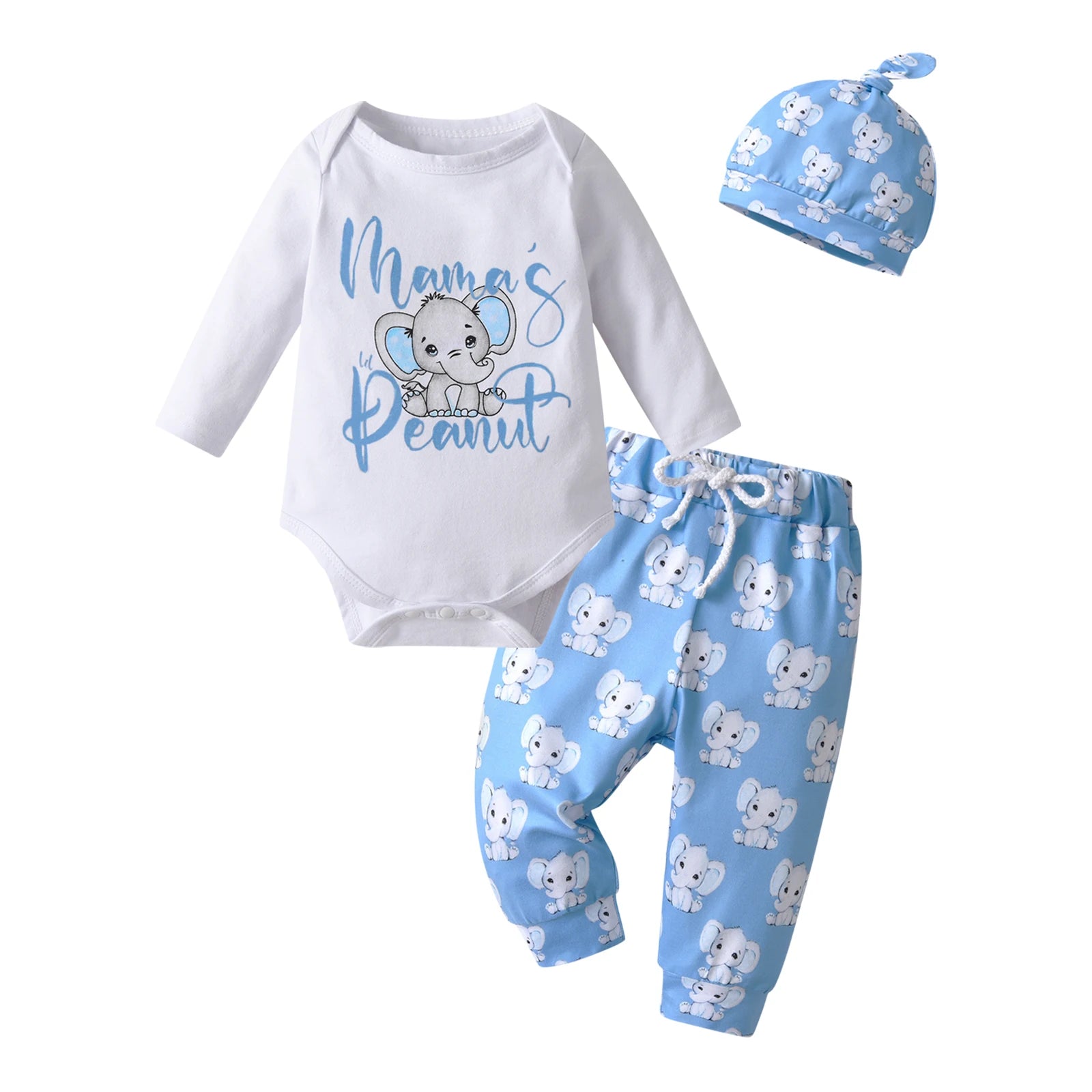 Newborn Baby Boy Clothes Infant Boys Long Sleeve Cartoon Elephant Print Romper Pants Hat 3pcs Outfits Set