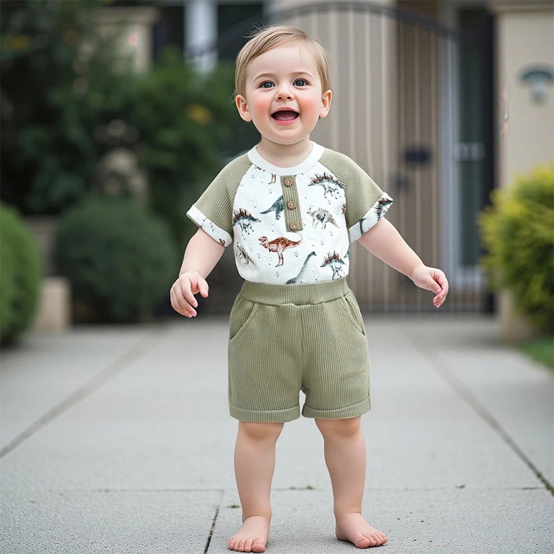 Toddler Boys Lightweight Cotton Outfits with Cute Animal Print Short Sleeves T-Shirt and Elastic Waist Shorts Set for Summer