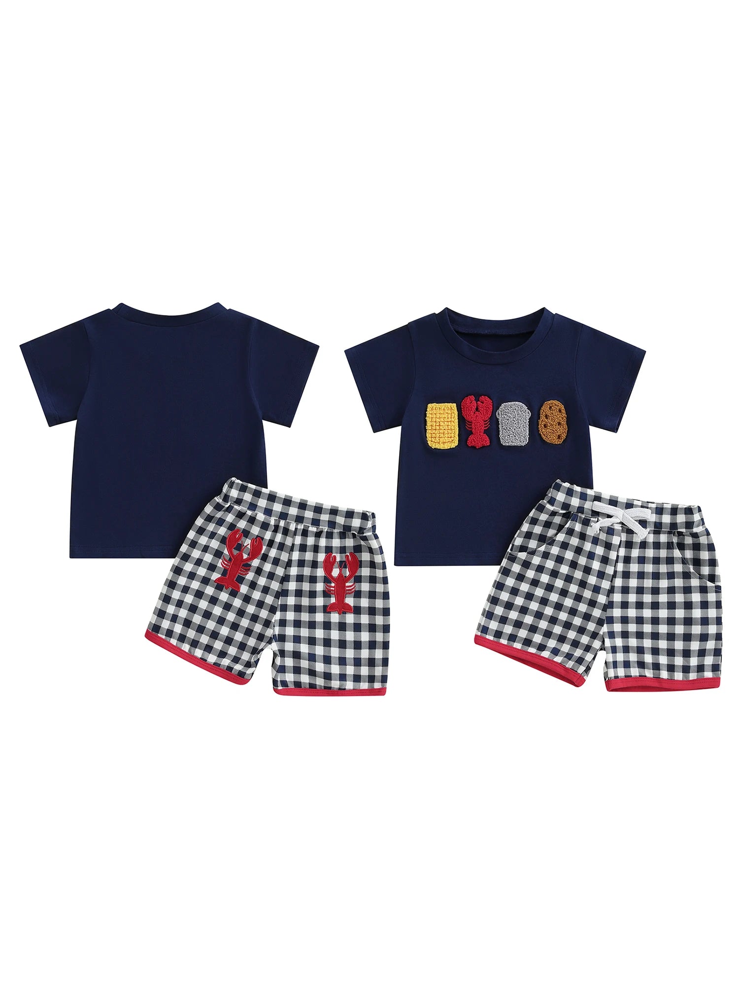 Boys Summer Outfit Set with Short Sleeve Lobster Embroidered Top and Plaid Drawstring Shorts O Neck Design for Comfort