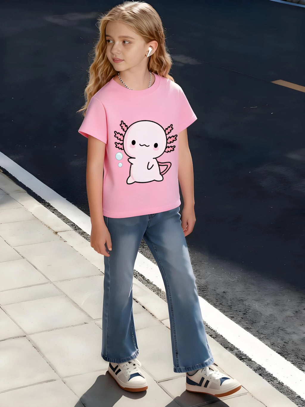 Kids Children's Cotton T-Shirt Cute with Leaf Shaped Gills and Smiling Face for Boys Girls Friendly Pet Theme