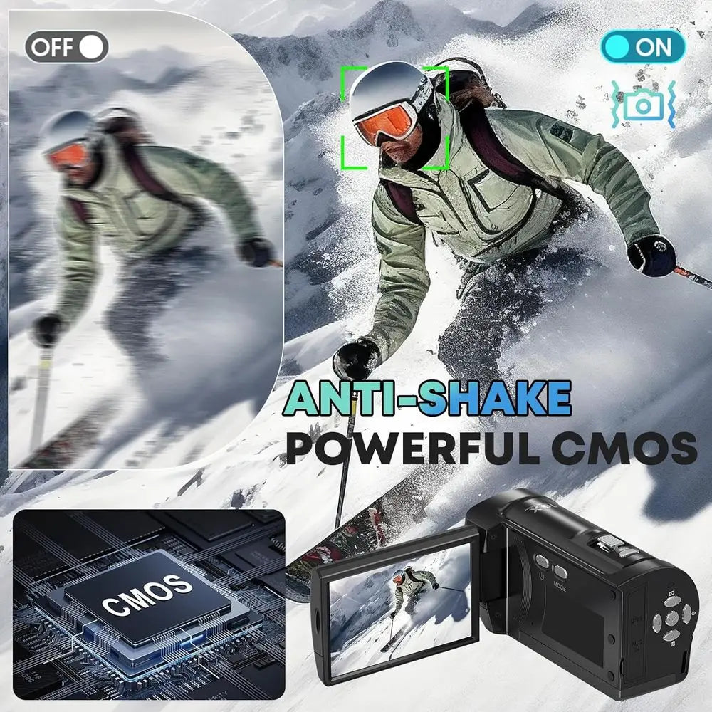 QHD 2.7K Video Camcorder with 56MP, 16X Zoom, 270° Rotation, 32GB SD Card, Dual Batteries, Recording While Charging