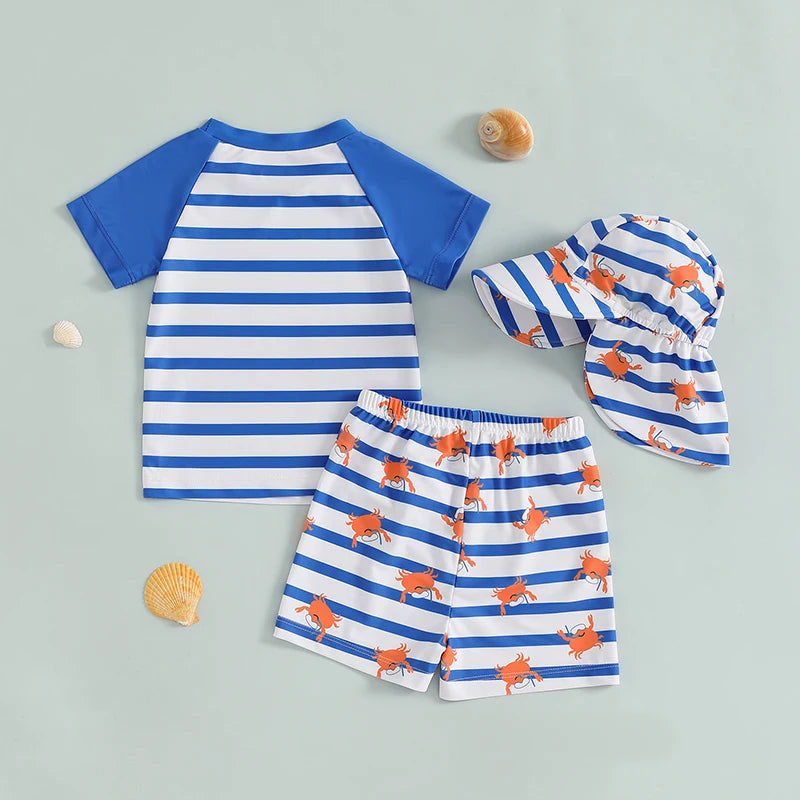 Boys Ocean Adventure Rash Guard Swim Set Tropical Fish Print Short Sleeve T-shirt with Board Shorts and Sun Hat Swimwear