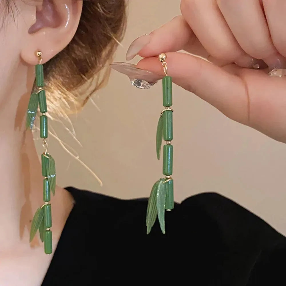 Vintage Style Imitation Jade Bamboo Crystal Stud Earrings Women Fashion Jewelry Gifts