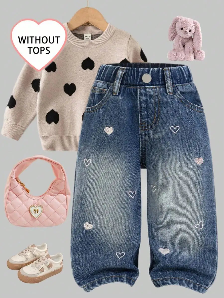 Toddler Girl Denim Pants with Crochet Flower Applique, Loose Fit Blue Jeans for Spring Fall