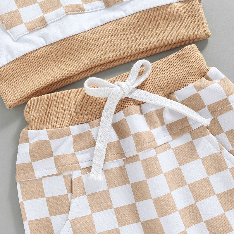 0-4Years Girl Boy Outfit 2Pcs Set Plaid Long Sleeve Hoodie with Pockets Elastic Drawstring Waist Pants