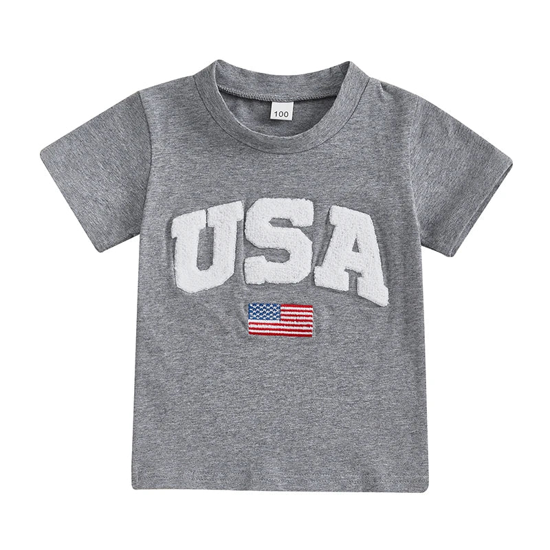 Independence Day Kids T-Shirt with USA Flag Embroidery Patriotic Short Sleeve Tee for Boys Loose Fit Summer Top