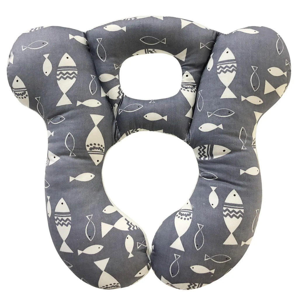 Soft Baby Travel Pillow for Car Seat and Stroller, Comfortable Kids Cushion with Cute Gray Fish Design