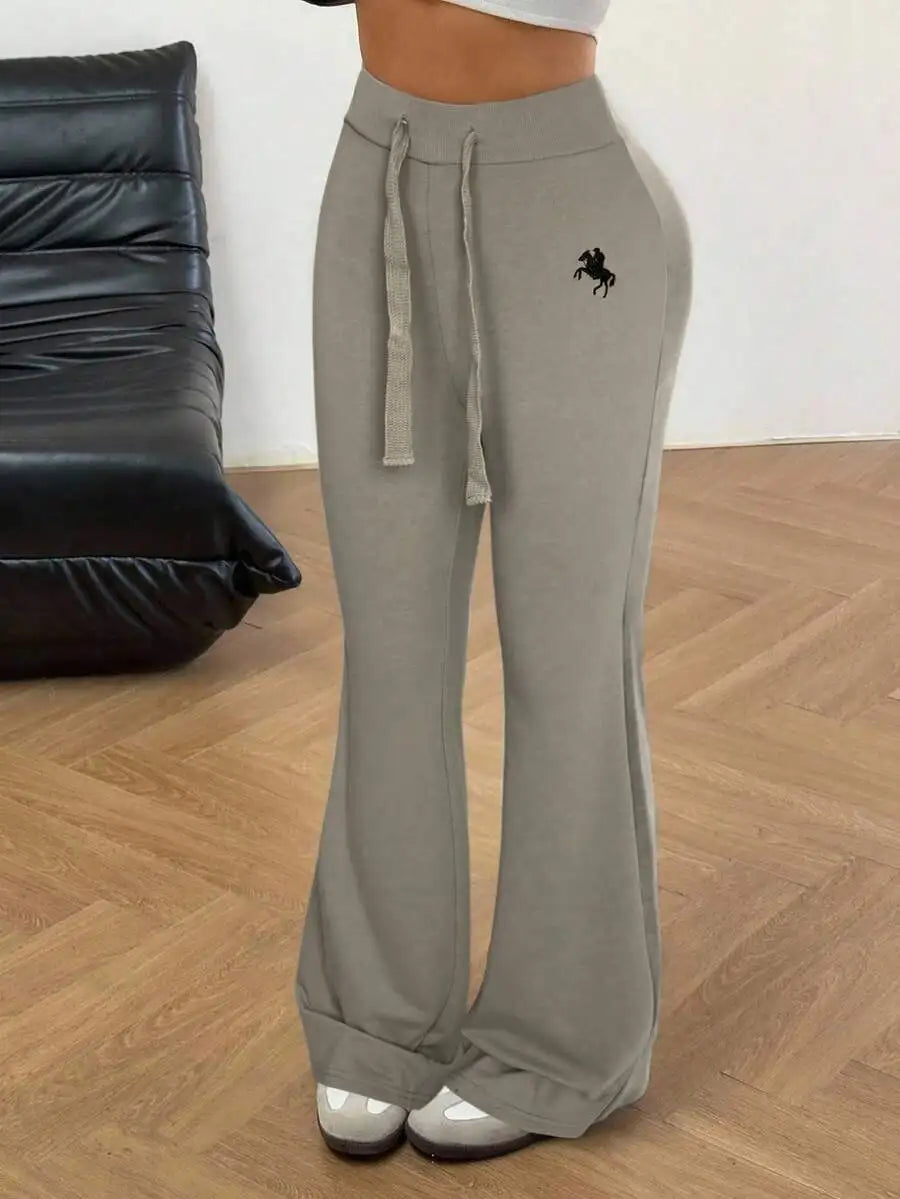 Women's Gray Knitted Flare Sweatpants with Drawstring Waist.