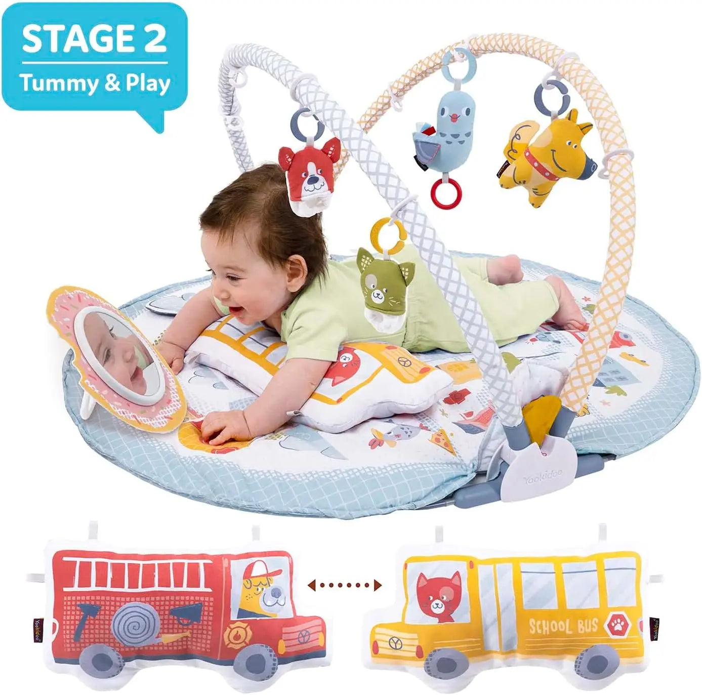 3-in-1 Baby Activity Gym Playmat with Tummy Time Toys & Mirror for Newborns 0-12 Months