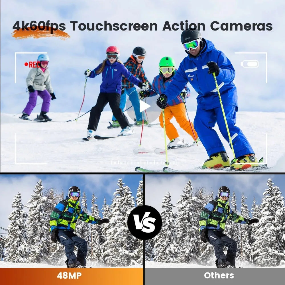4K60fps Waterproof Action Camera 10M, 48MP Touchscreen Sports Cam with 6-Axis Stabilization, 8X Zoom WiFi for Diving, Cycling
