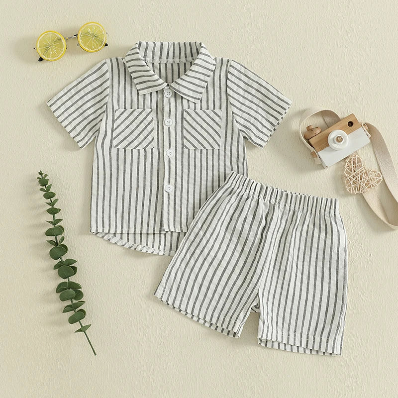 Toddler Baby Boy Shorts Set Striped Collared Short Sleeve Button-up Shirts Elastic Waist Shorts Summer Clothes 2Pcs