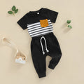 Baby Boys 2 Piece Clothing Set Striped Short Sleeve T-Shirt with Round Neck Solid Color Long Pants Summer Outfit