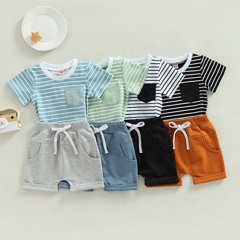Toddler Boys 2-Piece Outfit Short Sleeve Striped Tee with Elastic Waist Shorts Set for Summer Playtime