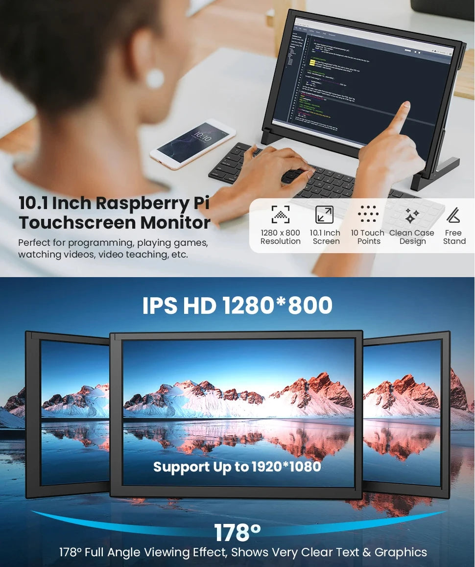 Portable HD 1280X800 Capacitive Touch Screen 10" Raspberry Pi Monitor Driver-free 10-point Touchscreen IPS Display for Banana Pi&Raspberry Pi 4B/3B+/3A+/2B,Compatiable with Win 7/8/10/11,Gift for DIY programmer