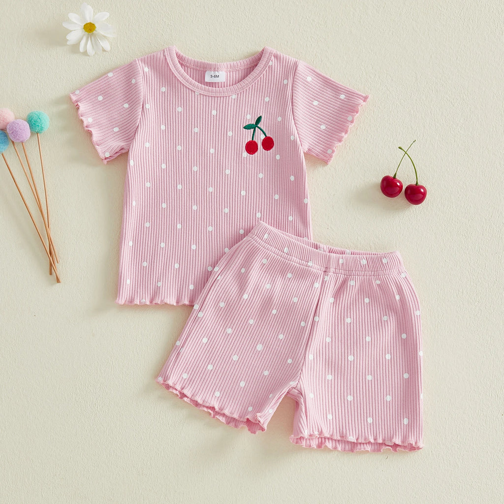 Summer Kids Girls Outfits Cherry Embroidery Short Sleeve Tops Shorts Clothes Set