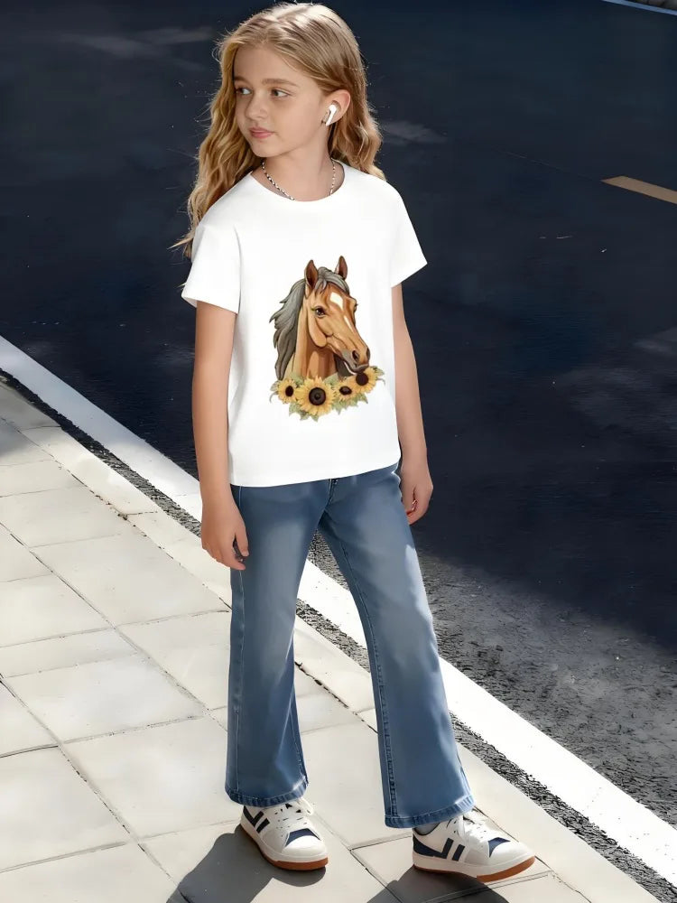 Kids Children's Cotton T-Shirt Grazing Horse with Sunflower Field Background for Boys Girls, Country Style