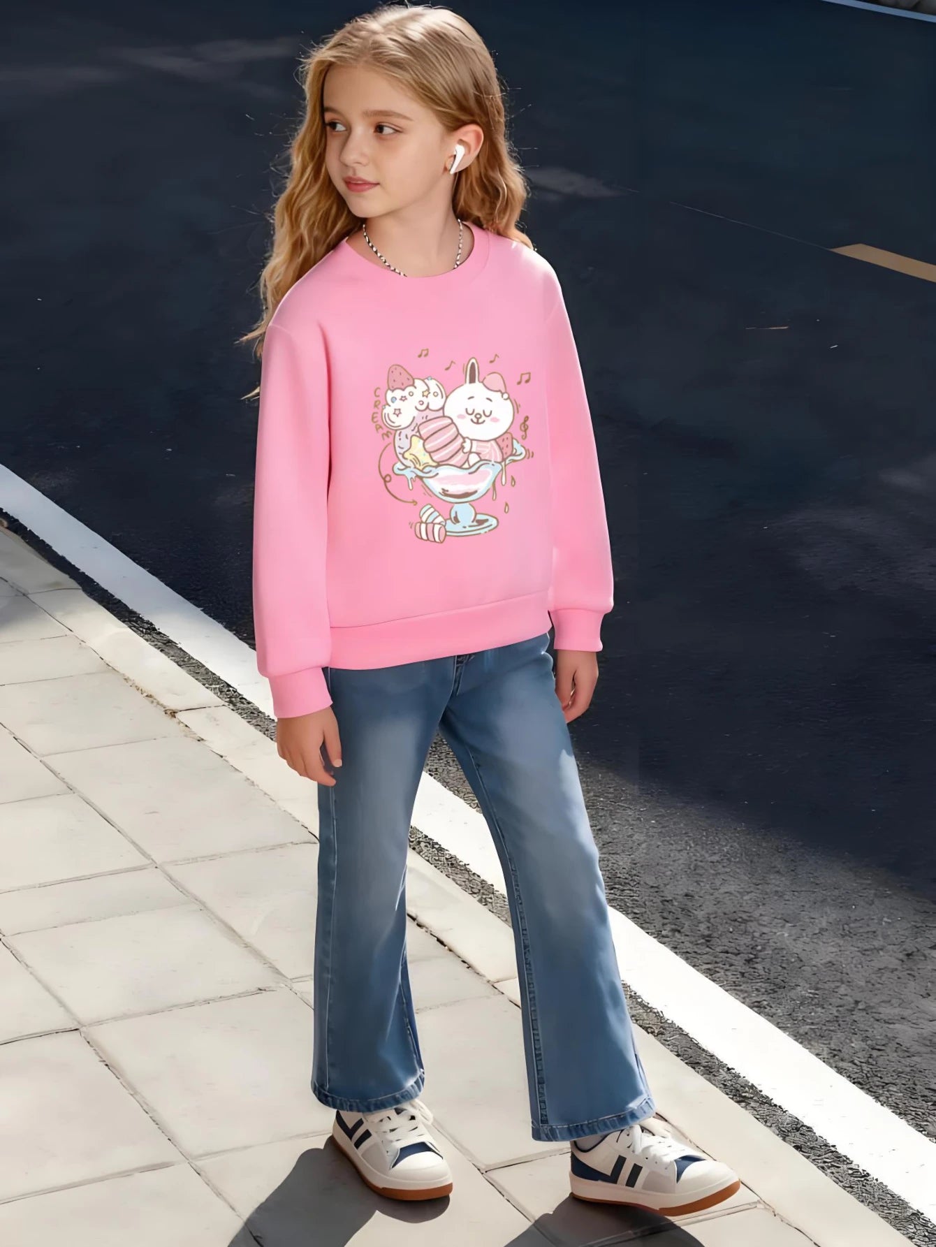 Children's Cotton Crewneck Sweatshirt Cream Ice Cream with Rabbit and Strawberry Design for Boys /Girls Soft Fleece Casual Wear
