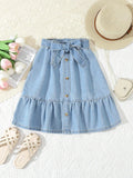 Light Wash Denim A-Line Skirt with Bow Belt and Ruffle Hem for Girls