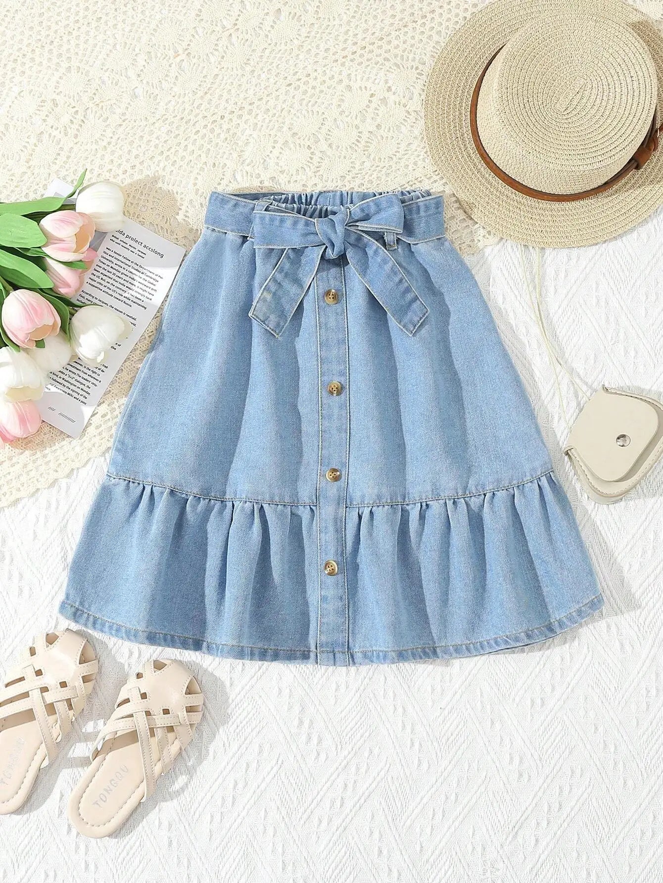 Light Wash Denim A-Line Skirt with Bow Belt and Ruffle Hem for Girls
