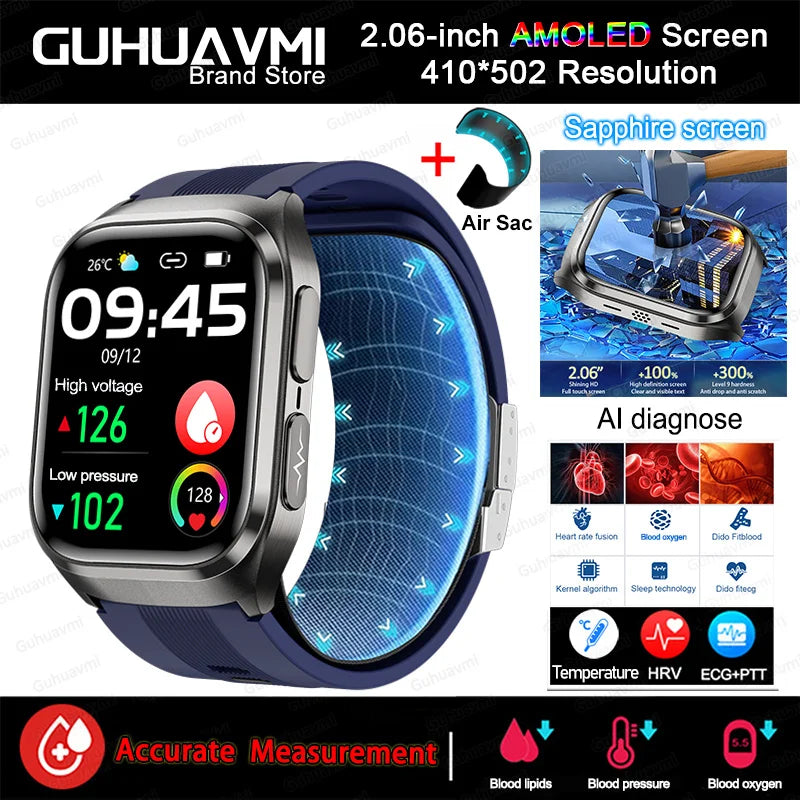 New Nursing Grade Air Bag Smart Watch Men Blood Fat ECG+PPG Blood Pressure Broadcast NFC HD BT Call Health Smart Watch Woman