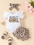 Baby Girl "Daddy's Girl" Print 2-Piece Fashion Summer Outfit, Ruffle Romper Leopard Print Shorts Set, Suitable For Father's Day